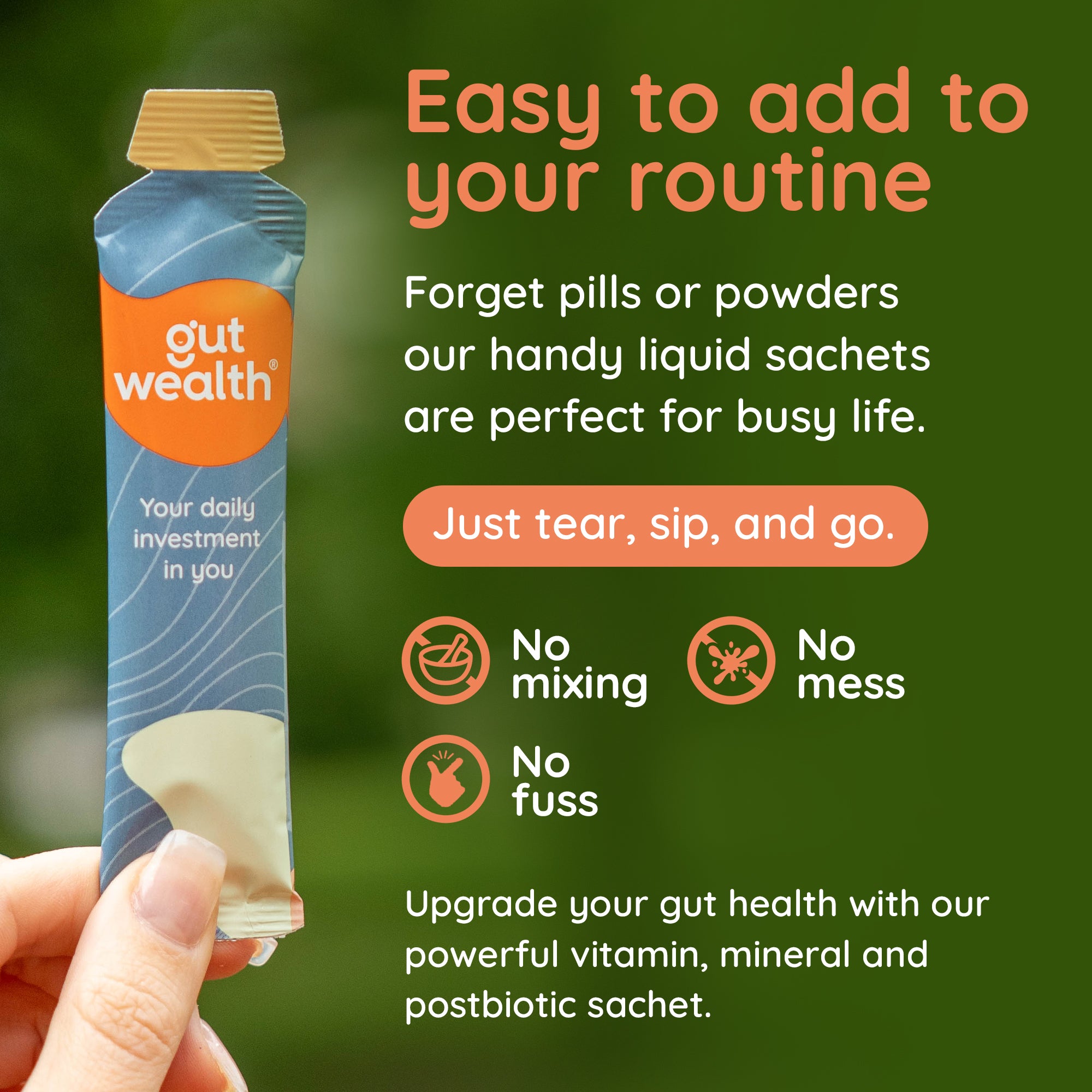 Gut Wealth® daily liquid supplement calms digestive upset, improves bowel regularity and reduces bloating